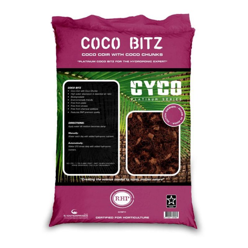 CYCO Coco Bitz 50L bag, chunky coco husk chips that resist compaction and drain fast