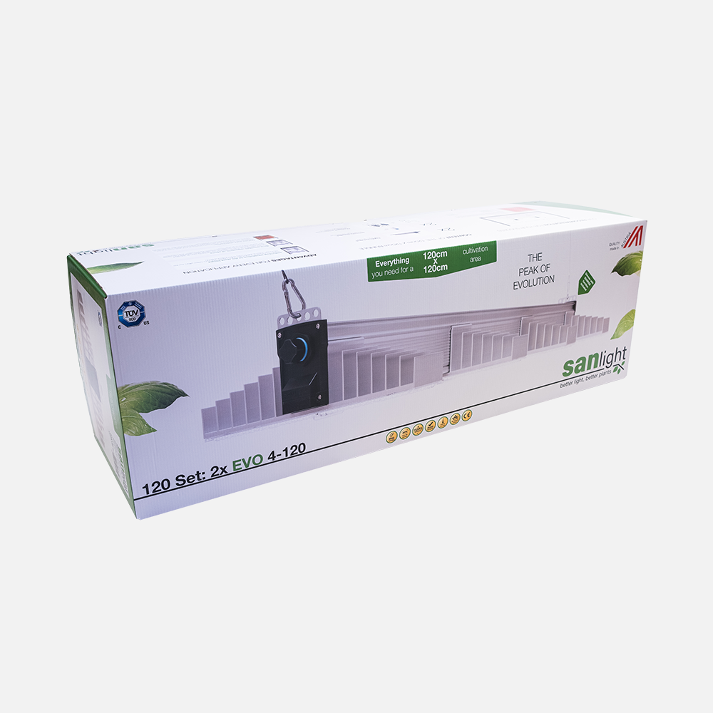 SANlight EVO 4-120 full spectrum commercial grow light with advanced secondary optics for uniform canopy penetration in hydroponic cultivation systems
