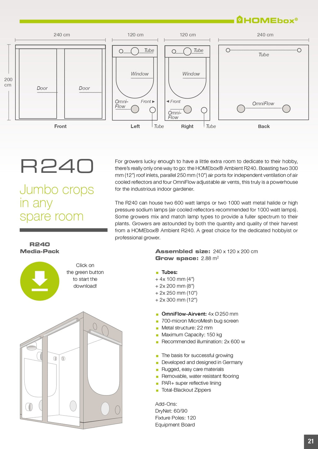 HOMEbox Ambient R240 multi-light grow room double base solid tent floor Australia